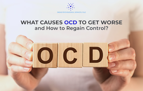 Informative mental health illustration explaining what causes ocd to get worse, highlighting stress, anxiety triggers, routines, and intrusive thoughts.