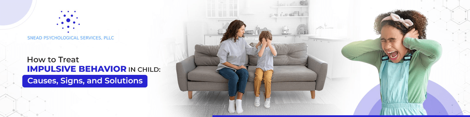 Header image for an article on impulsive behavior in children: a caregiver consoles a child on a sofa while a distressed child screams on the right.